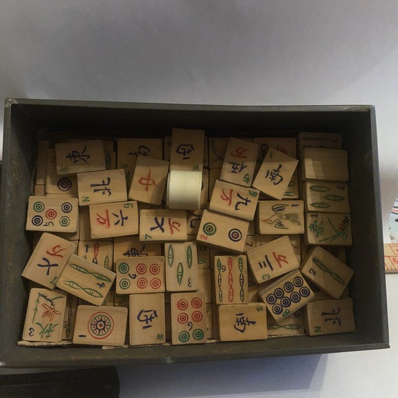 Antique Japanese Mah Jong Game 1920s Wood Tiles Bovine Dice Discs And Sticks - Picture 13 of 16